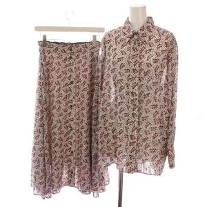 セットアップ 上下 デザインドットシャツ ブラウス 長袖 フレアスカート ロング 花柄 34 白 赤 21051900269040