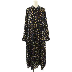 ワンピース ロング 総柄 バンドカラー ネイビー マルチカラー /ES