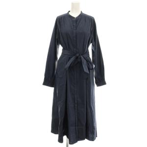 バンドカラー シャツワンピース ロング 長袖 40 ネイビー 紺 /G