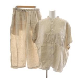 セットアップ リネンソリッドスタンドカラーショートスリーブシャツ 半袖 イージーパンツ 麻 ベージュ 13-01-0471-803