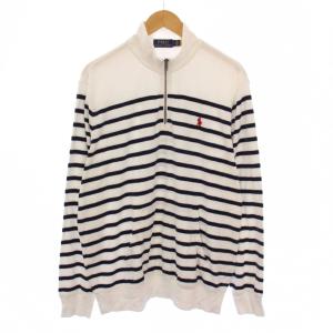 Tシャツ 長袖 ハイネック ハーフジップ ボーダー柄 ロゴ 刺繍 バイカラー パイル地 L 白 ホワイト