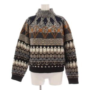 セーター ニット 総柄 厚手 長袖 ウール 40 グレー ネイビー ベージュ ブラウン /YM