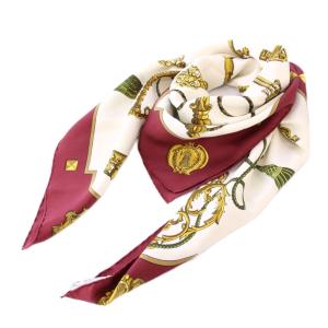 カレ90 LES CLES THE KEYS RARE スカーフ 正方形 シルク 総柄 ボルドー 白 ホワイト