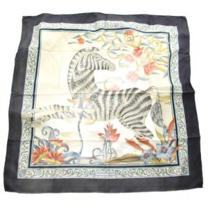 スカーフ ゼブラ柄 総柄 プリント シルク 紺 ネイビー マルチカラー /KU OH