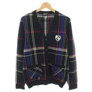 ニットカーディガン Vネック 長袖 チェック柄 ロゴワッペン エルボーパッチ 5 黒 ブラック ピンク