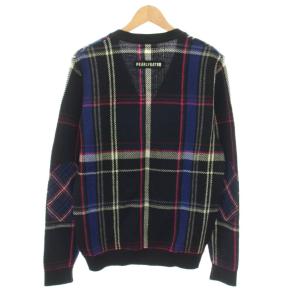 PEARLY GATES ニットカーディガン Vネック 長袖 チェック柄 ロゴワッペン エルボーパッチ 5 黒 ブラック ピンク