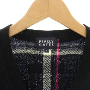 PEARLY GATES ニットカーディガン Vネック 長袖 チェック柄 ロゴワッペン エルボーパッチ 5 黒 ブラック ピンク