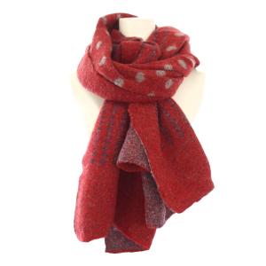 45R ウール縮絨 マフラー ストール ドット柄 赤 グレー /TK
