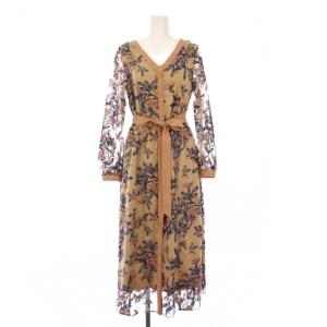 フラワー刺繍フレアワンピース ミモレ ロング 長袖 Vネック チュール 花柄 36 ベージュ 0121035069