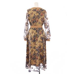 GRACE CONTINENTAL フラワー刺繍フレアワンピース ミモレ ロング 長袖 Vネック チュール 花柄 36 ベージュ 0121035069