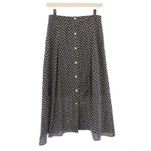 フェザープリントスカート フレア ミモレ ロング 総柄 フロントボタン 38 紺 ネイビー 19060900443120