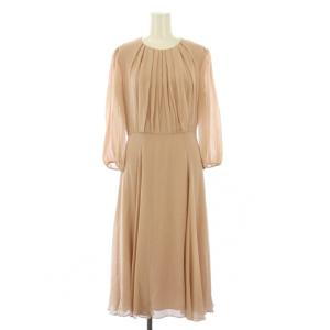 フレアワンピース ミモレ ロング 長袖 クルーネック シアー シースルー ワンカラー シルク混 40 ピンク