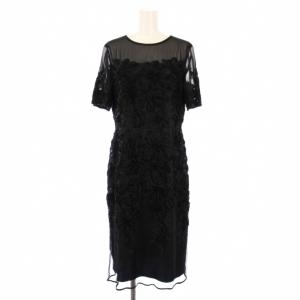 フレアワンピース ミモレ ロング 半袖 クルーネック レース シアー シースルー ワンカラー 38 黒