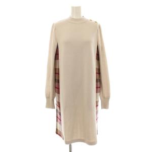 ニットワンピース ひざ丈 長袖 チェック柄 切替 ウール 38 ピンクベージュ 55J16-278-03