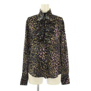 シャツ ブラウス 長袖 フリル 総柄 1 紺 ネイビー マルチカラー /BB