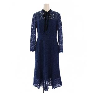 ワンピース ロング丈 長袖 総レース リボン 38 紺 CWF0184071 /BM