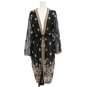 ジョーゼット刺繍ガウン ロング シアー カーディガン 花柄 長袖 36 黒 37151035 /YM