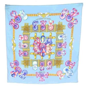 カレ90 LES RUBANS DU CHEVAL 馬のリボン飾り スカーフ シルク 絹 ピンク 水色