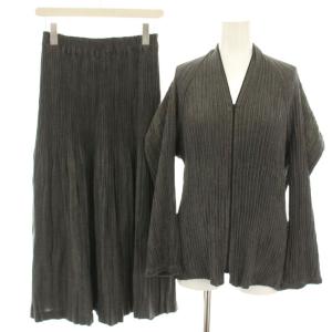 セットアップ 上下 カーディガン ジップアップ 長袖 フレアスカート ロング ミモレ プリーツ 11 グレー