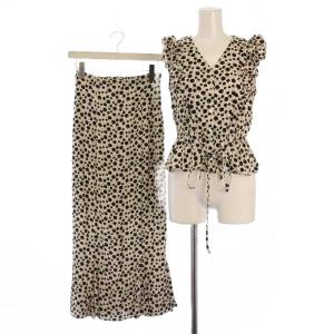 セットアップ 上下 ブラウス シャツ フレンチスリーブ Vネック フレアスカート ロング リボン 総柄