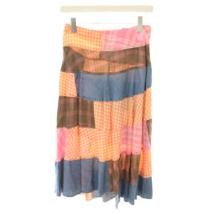 AD2017 スカート ロング フレア パッチワーク チェック柄 S ピンク 茶 ブラウン TA-S016