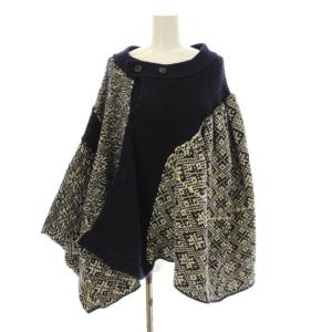 ヨウジヤマモト ポンチョ ニット プルオーバー アシンメトリー 総柄 ウール 2 紺 ネイビー YY-K21-189