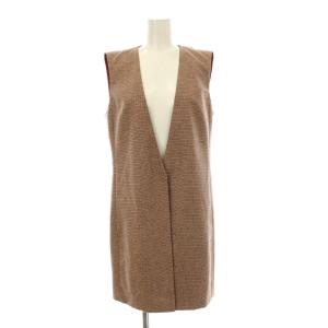 ベスト ジレ ロング Vネック チェック柄 ウール アンゴラ混 US6 茶 ブラウン オレンジ 335600