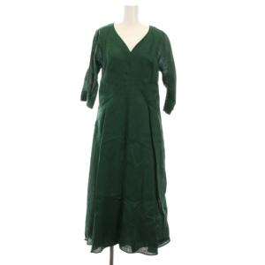 平織りリネンVネックフレアドレス ワンピース ロング 七分袖 M 緑 グリーン GBEGT-75500