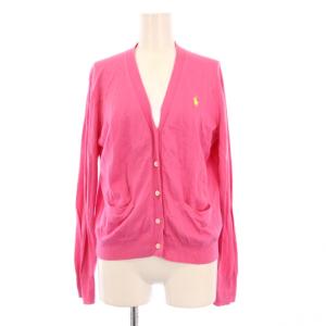 ニットカーディガン 長袖 Vネック ロゴ 刺繍 ワンポイント 薄手 M ピンク /BB