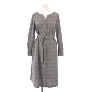 フレアワンピース ひざ丈 長袖 スキッパー ベルト チェック柄 38 グレー /BB