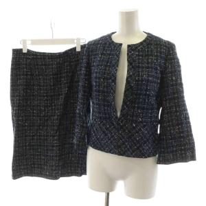スーツ セットアップ ノーカラージャケット タイトスカート ひざ丈 ツイード 38 紺 ネイビー 101911-10-220-65-380