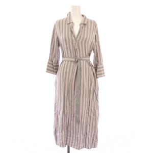 シャツワンピース ミモレ ロング 七分袖 スキッパー ベルト ストライプ柄 ウール混 38 グレー ピンク