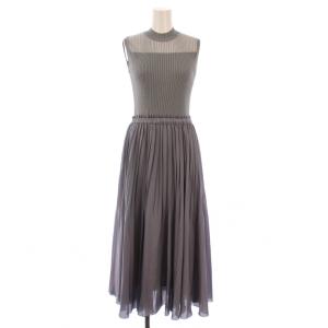 シアーリブプリーツドッキングワンピース フレア マキシ ロング ノースリーブ シースルー 切替 38 グレー