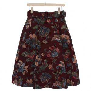 フレアスカート ミモレ丈 花柄 ベルト付き 38 茶 /BM