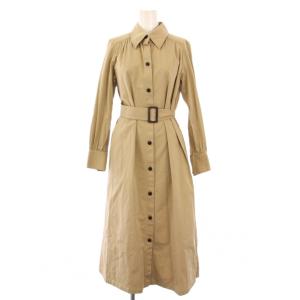 フレアワンピース ミモレ ロング 長袖 レギュラーカラー ストレッチ ベルト 38 ベージュ /BB