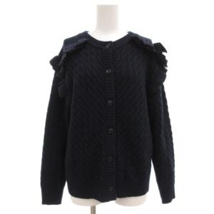 カーディガン ケーブルニット 1 フリル クルーネック 長袖 紺 ネイビー /AE