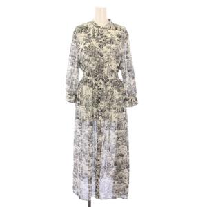 ランドスケーププリントワンピース フレア ミモレ ロング 七分袖 バンドカラー 総柄 ベルト 38 グレー