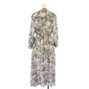 自由区 ランドスケーププリントワンピース フレア ミモレ ロング 七分袖 バンドカラー 総柄 ベルト 38 グレー