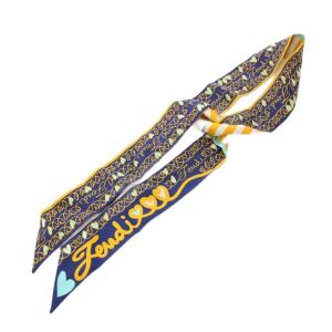 FENDI ラッピー スカーフ ハート柄 ストライプ柄 ロゴ 総柄 紺 ネイビー 黄色 イエロー /BB OH