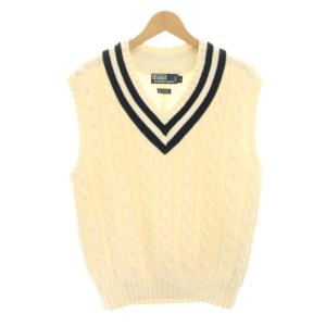 ニットベスト Vネック ケーブル編み カシミヤ混 L 白 ホワイト 紺 ネイビー /YT