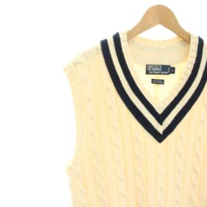 Polo by Ralph Lauren ニットベスト Vネック ケーブル編み カシミヤ混 L 白 ホワイト 紺 ネイビー /YT