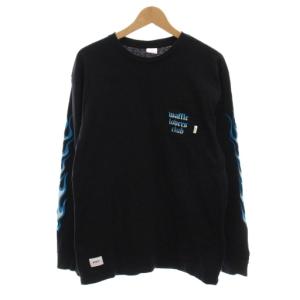 バンズ VANS Tシャツ カットソー ロンT 長袖 3 黒 ブラック 青 胸ポケット 炎柄 プリント