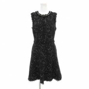 美品 ワンピース ひざ丈 0 ツイード ビジュー ノースリーブ フレア 0 黒 ブラック /AE