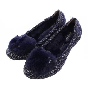 バレエシューズ パンプス ラウンドトゥ ローヒール フェイクファー 装飾 ツイード 25cm 紺 ネイビー