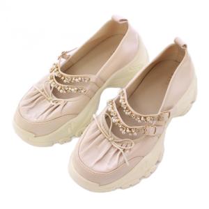 ローカットシューズ 厚底 リボン ビジュー 装飾 サテン M ピンク /BB