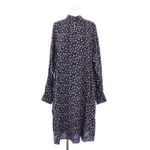 ワンピース ひざ丈 長袖 スタンドカラー 花柄 総柄 8 紺 ネイビー /BB
