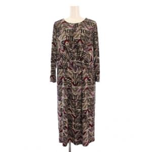 ワンピース ひざ丈 長袖 クルーネック ストレッチ 総柄 9 黒 ブラック ボルドー /BB