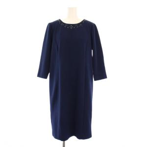 Original ワンピース ひざ丈 七分袖 クルーネック ストレッチ ビジュー 装飾 13 紺 ネイビー