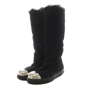 ムートンブーツ ロングブーツ ビジュー ボア スエード 37 黒 ブラック 5W9461 /AN18