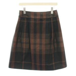 BURBERRY LONDON スカート ひざ丈 フレア チェック柄 絹 シルク混 40 黒 ブラック 茶 ブラウン FX076-881-55